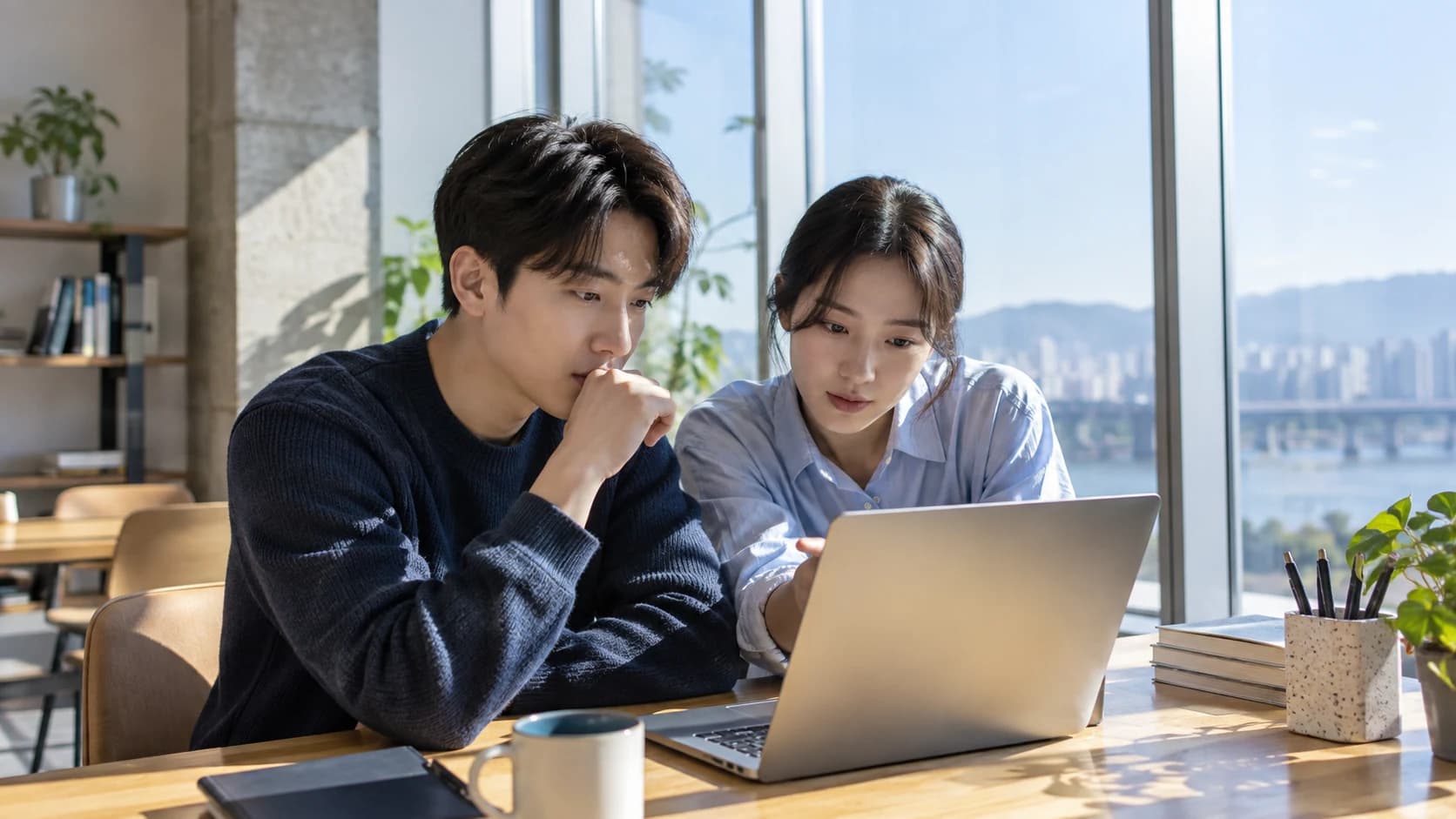 밝은 창가에서 두 사람이 노트북을 함께 살펴보며 역할을 조율하는 장면