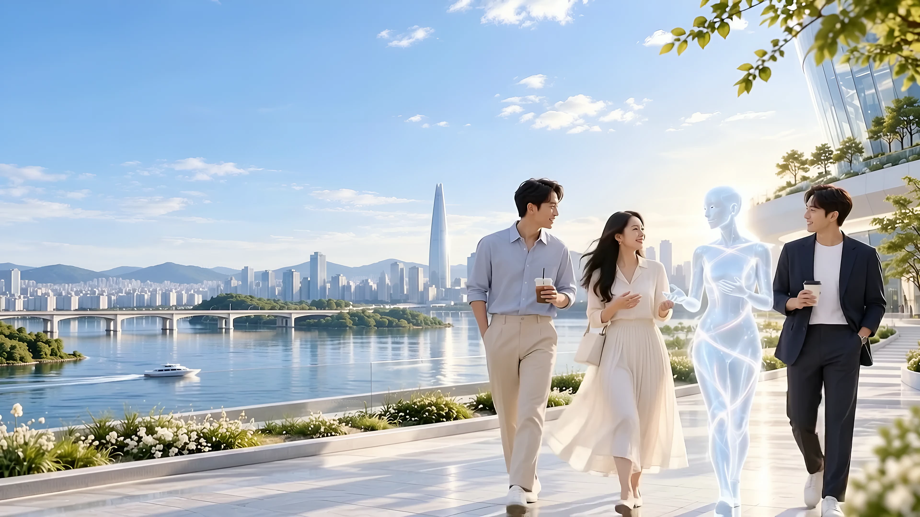 사람과 AI가 밝은 도시와 자연 속에서 함께 미래로 나아가는 모습